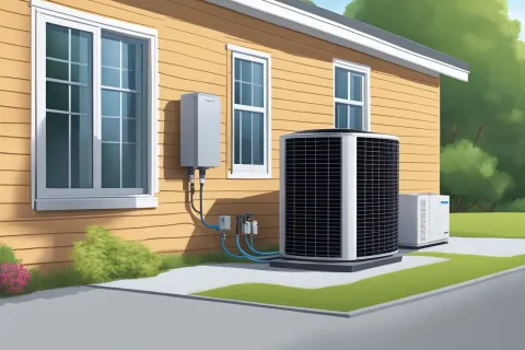 Outdoor HVAC units installed next to a yellow house with windows and surrounding greenery on a sunny day