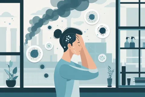 Woman holding head in pain amid visible virus particles and smoke pollution outside city window