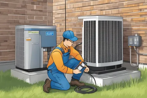 Technician in blue overalls and cap inspecting outdoor HVAC units beside a brick building on grass.