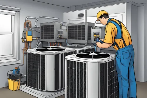 Technician in uniform inspecting HVAC units and control panels in a repair room with air conditioning systems.