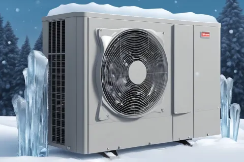 Heating unit covered in snow with visible icicles around it in a winter forest setting.
