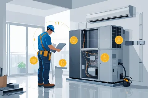 Technician inspecting HVAC unit indoors with digital interface icons highlighting system components and maintenance tasks.