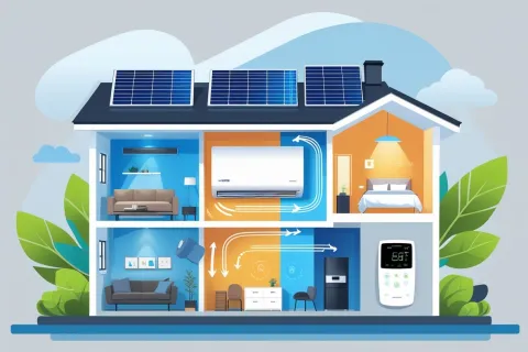 Cross-section of a modern home with solar panels and HVAC system showing air flow and temperature control.