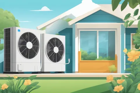 Residential house with two large air conditioning units outside on a sunny day with flowers and greenery.