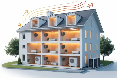 Cutaway of house HVAC system showing air flow and heat distribution inside rooms with outdoor units.