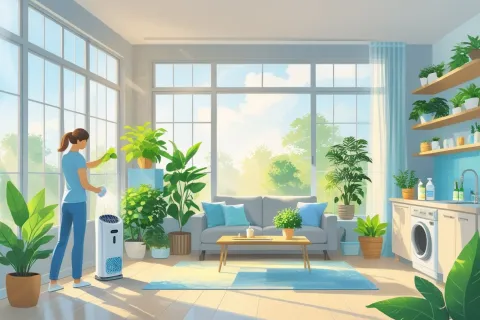 Woman watering indoor plants in a bright living room with large windows and modern furnishings.
