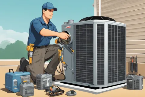 Technician repairing outdoor HVAC unit with tools and diagnostic equipment on a sunny day