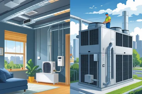 Split image showing indoor HVAC system and technician working on large outdoor HVAC unit under blue sky