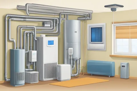Modern home heating system with boiler, pipes, radiators, and thermostat controls in a utility room.