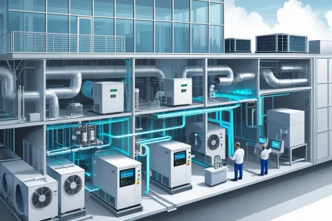 Cutaway view of industrial HVAC system with engineers monitoring controls and ventilation ductwork inside building.