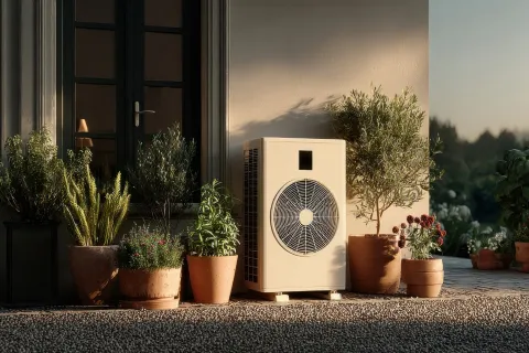 Outdoor air conditioning unit surrounded by potted plants on a stone patio during sunset light.