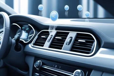 Car interior air conditioning vents with cool air symbols illustrating airflow through dashboard vents