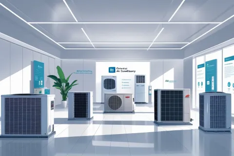 Modern showroom with various central air conditioning units displayed under bright ceiling lights.