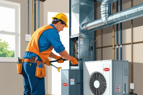 HVAC technician in safety gear repairing heating and cooling system inside a residential home.