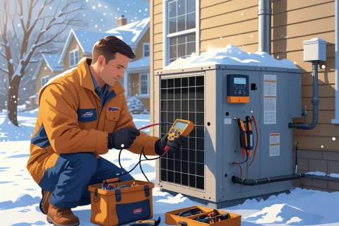 Technician in winter jacket inspecting HVAC unit outside a snow-covered house using diagnostic equipment.