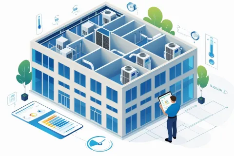 Isometric smart building with HVAC systems monitored by technician on digital tablet for energy efficiency