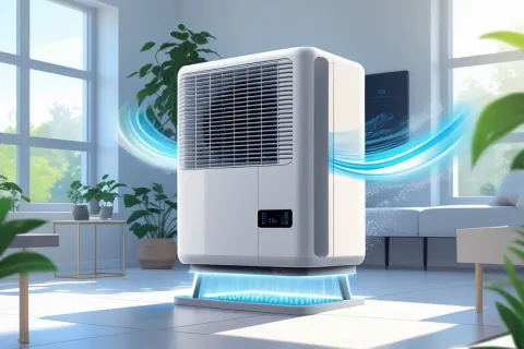 Modern air purifier in bright living room releasing clean air with digital display and natural light.