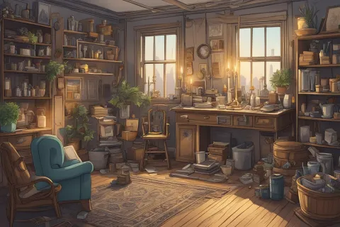 Cozy vintage study room with wooden furniture, shelves filled with books and jars, indoor plants, and warm sunlight through windows.