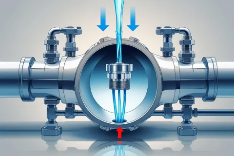 Cross-section of a metal pipeline showing water flowing through a central sensor device with directional arrows.