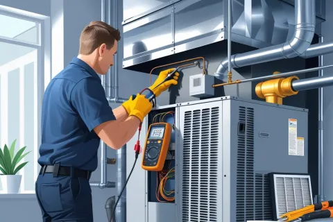 Technician in blue uniform and yellow gloves using a multimeter to check HVAC system components indoors.