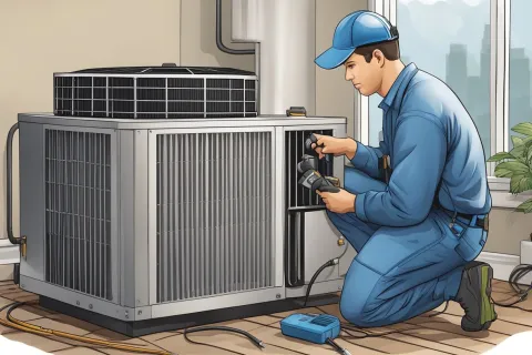 Technician in blue uniform repairing a large HVAC unit indoors near a window and plants
