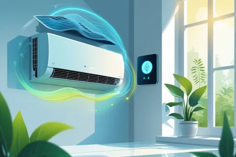 Modern air conditioner mounted on wall in bright room with plants and digital climate control panel.