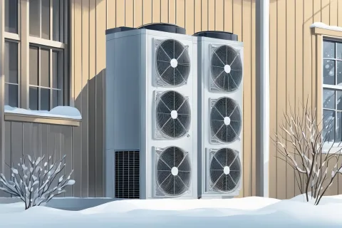 Outdoor heat pump units installed on a snowy ground beside a beige building with windows and leafless shrubs.