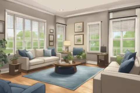 Bright living room with large windows, beige sofas, blue rug, wooden coffee table, and green plants