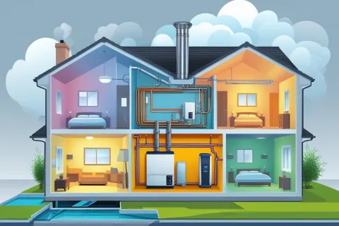 Cross-section of a house showing heating and ventilation systems with connected pipes and rooms.