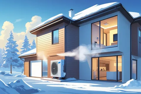 Modern two-story house with heat pump system operating in a snowy winter landscape with pine trees.
