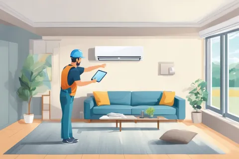 Technician in blue uniform checking wall-mounted air conditioner in modern living room with large window.