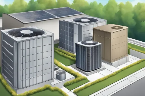 Rooftop view of multiple HVAC units and solar panels surrounded by greenery and paved walkways.