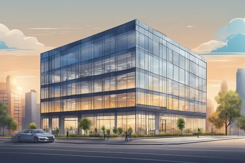 Modern glass office building at sunset with reflective windows and surrounding cityscape.
