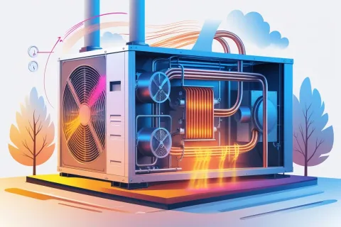 3D illustration of an HVAC heat pump system showing internal pipes and heat flow for heating and cooling.