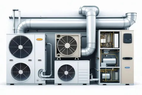 Modern industrial HVAC units with ventilation ducts and cooling fans arranged side by side on white background