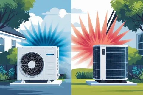 Split image showing two air conditioning units, one with cool blue and the other with warm red heat effect outdoors.