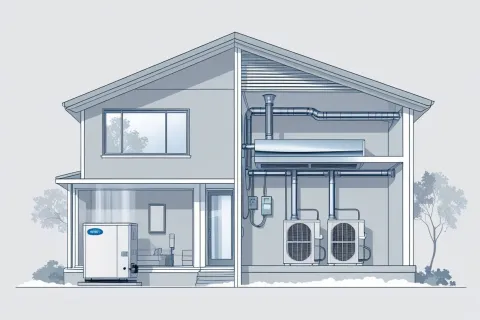 Cutaway illustration of a house showing HVAC system with air conditioning units and ductwork inside.