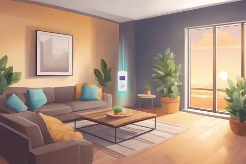 Modern living room with gray sofas, blue and yellow cushions, plants, wooden furniture, and sunrise through large windows.