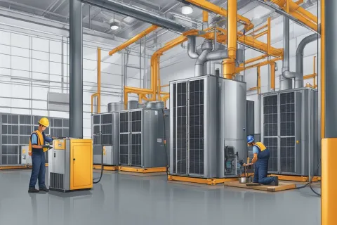 Technicians working on large industrial HVAC units with orange piping in a spacious facility with reflective floors.