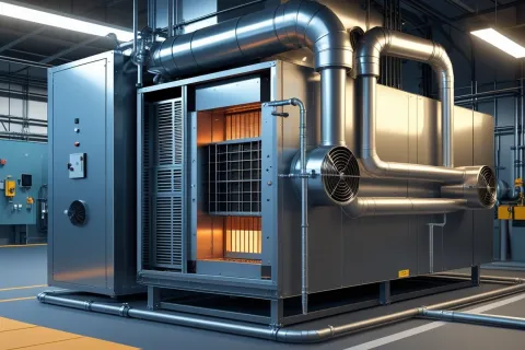 Industrial HVAC unit with metal ductwork and control panel in a modern factory setting