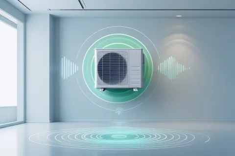 Modern air conditioner unit mounted on wall with digital soundwave and wireless signal graphics in clean room.