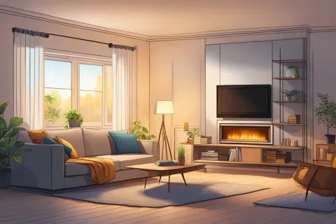 Cozy modern living room with sofa, coffee table, indoor plants, TV above fireplace, warm lighting, and large window.
