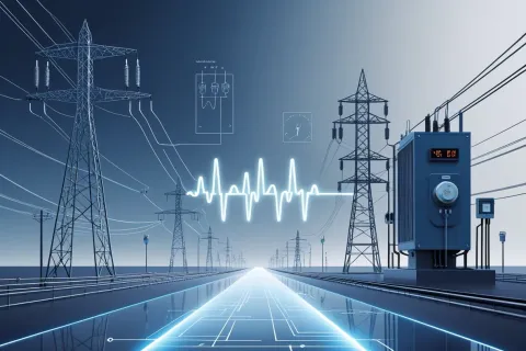 Electric power transmission towers and digital energy pulse symbol on a futuristic illuminated pathway under a blue sky.
