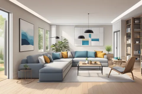 Bright modern living room with large sectional sofa, colorful cushions, coffee table, and contemporary wall art.
