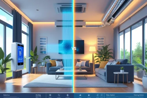 Modern living room split showing advanced air purifier versus traditional air conditioner airflow.