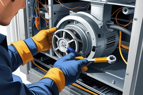 Technician wearing gloves repairing a motor inside an industrial machine using a wrench and screwdriver.