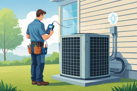 Technician inspecting an outdoor air conditioning unit using diagnostic equipment beside a house.