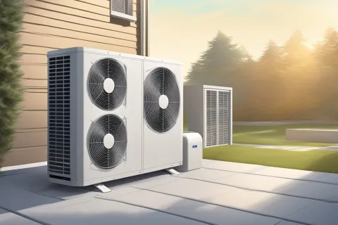 Outdoor air conditioning unit with three fans installed beside house wall on patio with scenic background.