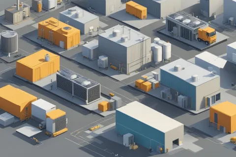 Aerial view of a modern industrial park with gray and orange buildings, trucks, and storage tanks on paved roads.