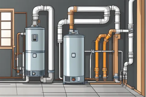 Two water heaters connected with copper and PVC pipes against a dark wall in a tiled room.